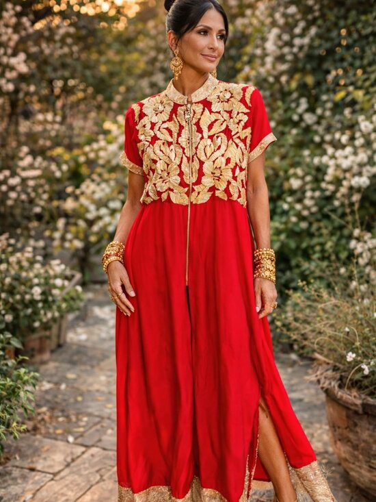 Other - Red Embroidered Gold Accent Women’s Dress